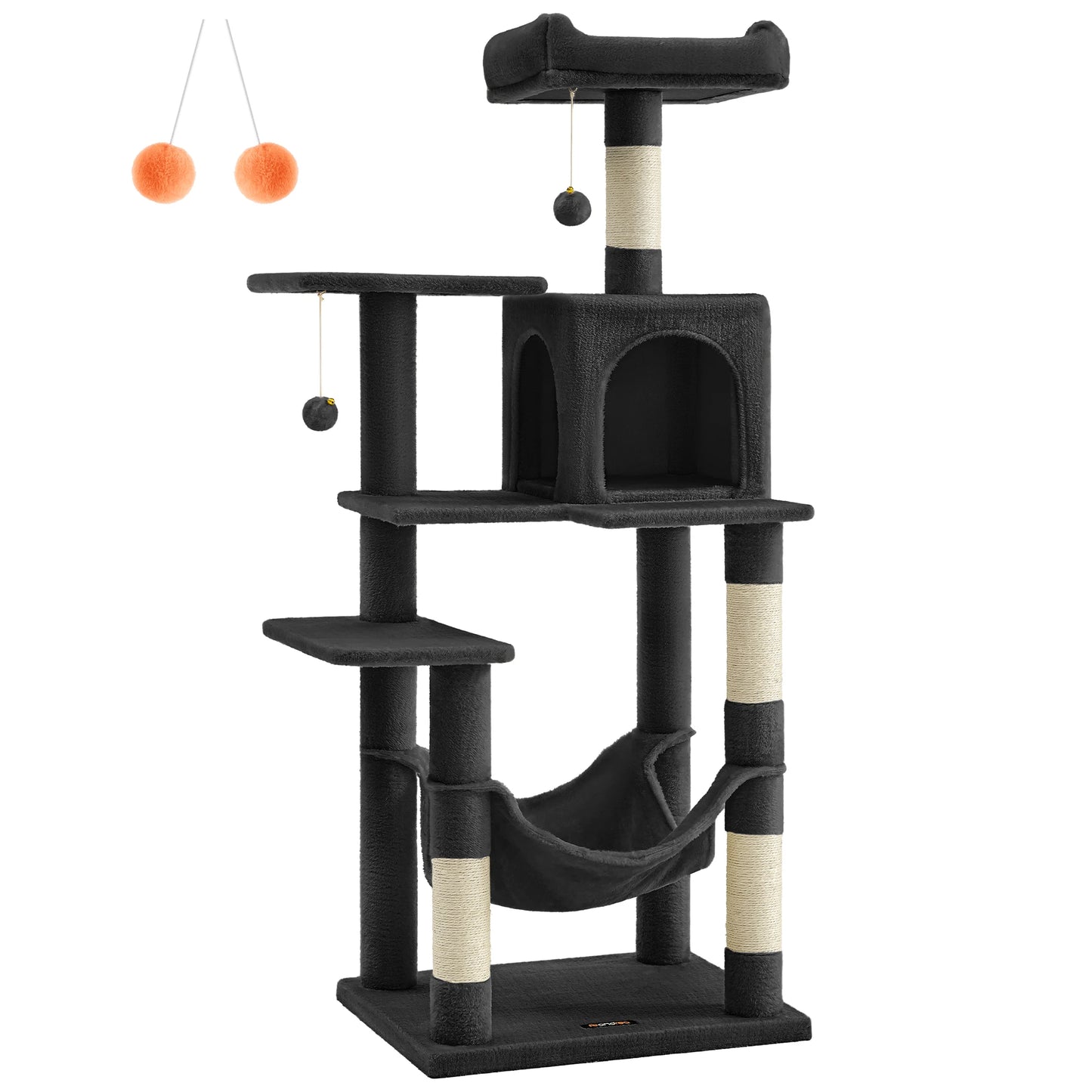 Arbre à chat Feandrea, tour à chat de 143 cm pour chats d'intérieur, maison en peluche à plusieurs niveaux avec 4 griffoirs, 2 perchoirs et une grotte