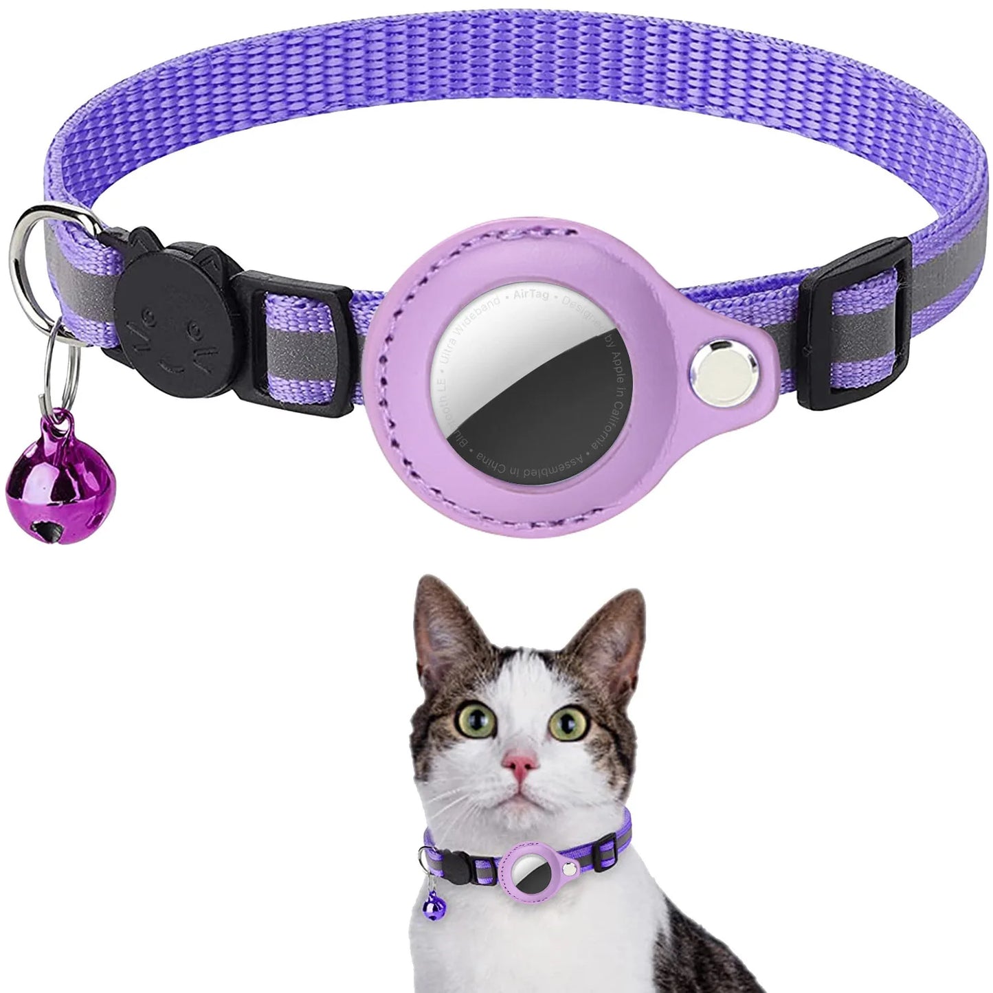 Collier réglable pour chat avec support AirTag – Sécurité anti-étranglement, bandes réfléchissantes, clochette et étui étanche inclus