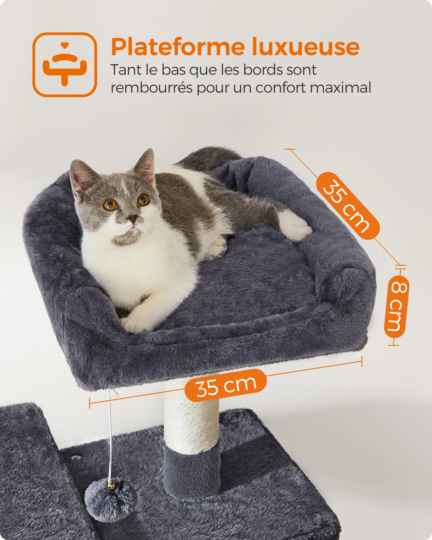 Arbre à chat Feandrea, tour à chat de 143 cm pour chats d'intérieur, maison en peluche à plusieurs niveaux avec 4 griffoirs, 2 perchoirs et une grotte