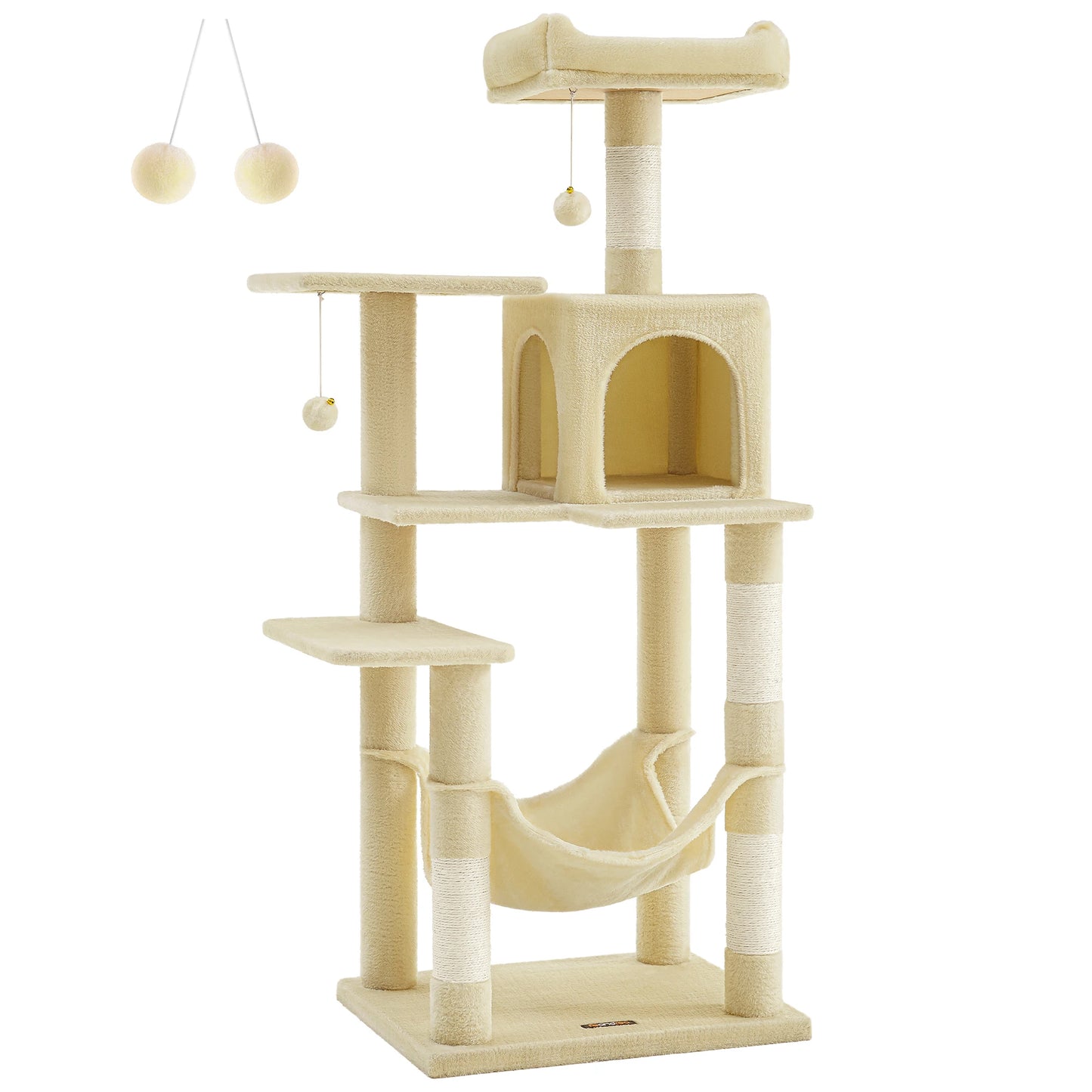 Arbre à chat Feandrea, tour à chat de 143 cm pour chats d'intérieur, maison en peluche à plusieurs niveaux avec 4 griffoirs, 2 perchoirs et une grotte