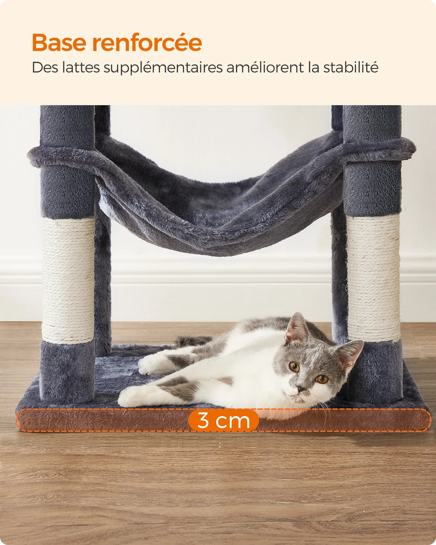Arbre à chat Feandrea, tour à chat de 143 cm pour chats d'intérieur, maison en peluche à plusieurs niveaux avec 4 griffoirs, 2 perchoirs et une grotte - Le Palais Du Chat