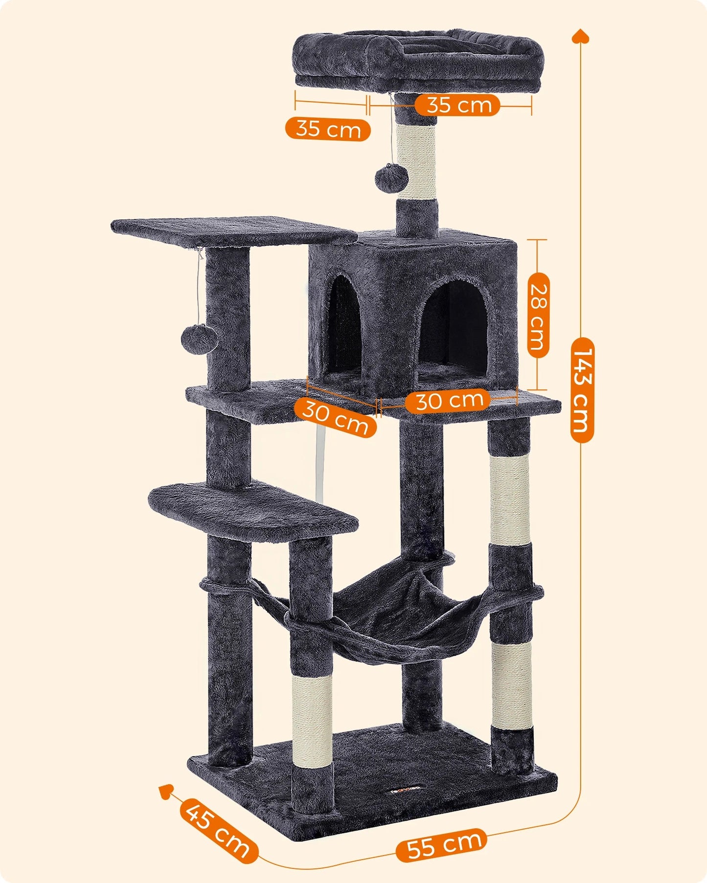 Arbre à chat Feandrea, tour à chat de 143 cm pour chats d'intérieur, maison en peluche à plusieurs niveaux avec 4 griffoirs, 2 perchoirs et une grotte - Le Palais Du Chat