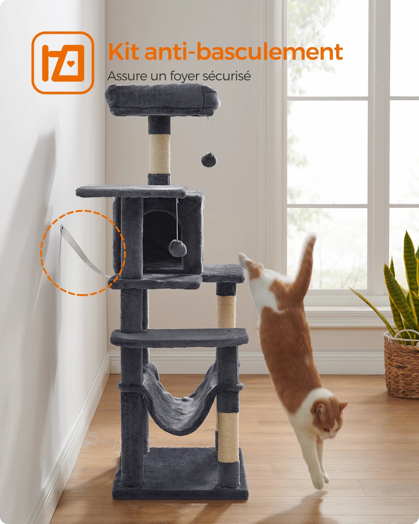 Arbre à chat Feandrea, tour à chat de 143 cm pour chats d'intérieur, maison en peluche à plusieurs niveaux avec 4 griffoirs, 2 perchoirs et une grotte - Le Palais Du Chat