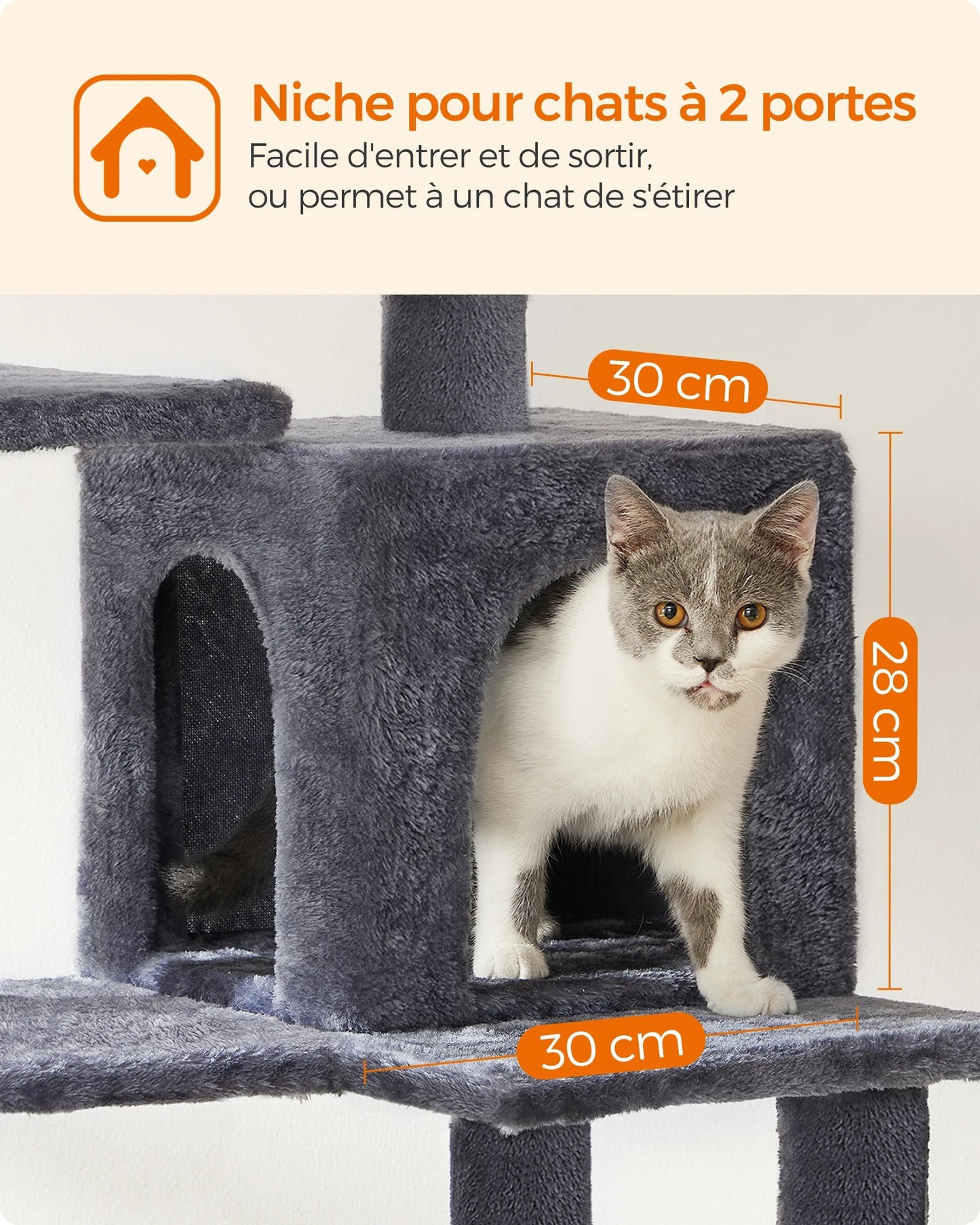 Arbre à chat Feandrea, tour à chat de 143 cm pour chats d'intérieur, maison en peluche à plusieurs niveaux avec 4 griffoirs, 2 perchoirs et une grotte - Le Palais Du Chat