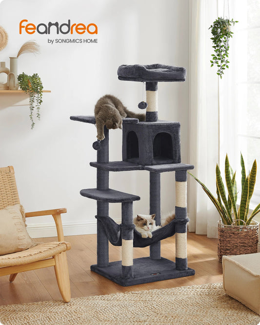 Arbre à chat Feandrea, tour à chat de 143 cm pour chats d'intérieur, maison en peluche à plusieurs niveaux avec 4 griffoirs, 2 perchoirs et une grotte - Le Palais Du Chat